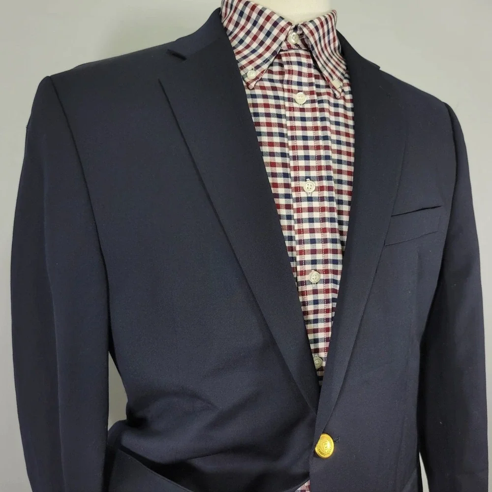 Chaps Men's Sport‎ Coat Blazer Two Golden Button Deep Navy Blue Twill Wool 42R